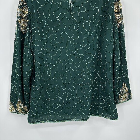 LAURENCE KAZAR shirt top blouse green XXL beaded sequins formal party evening - Picture 10 of 11